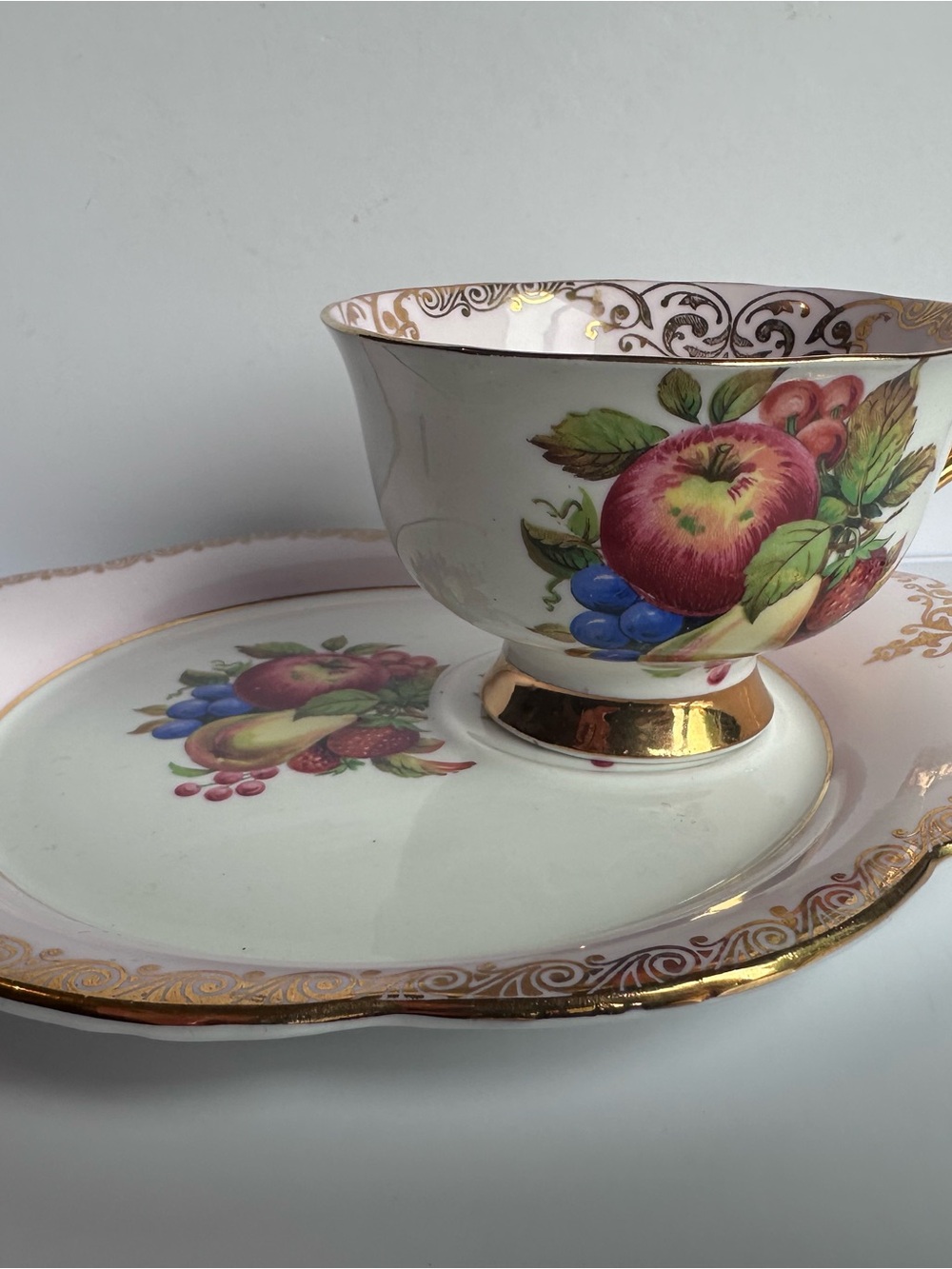 Windsor Bone China Cup and Plate Set with Fruit Pink and Gold